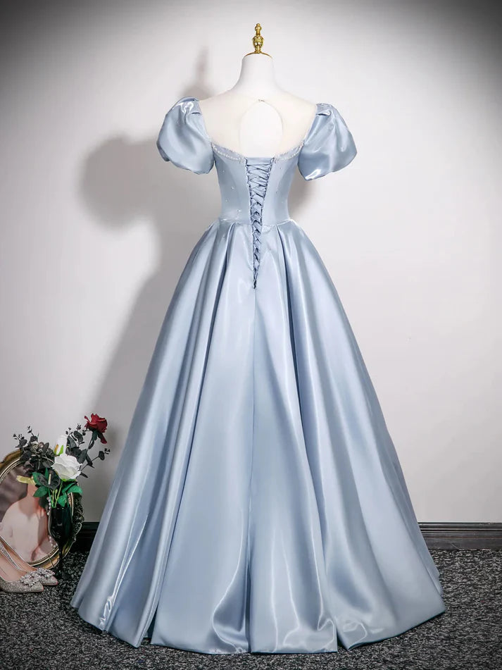 A-Line Round Puff Sleeves Satin Blue Long Prom Dress With Rhinestones
