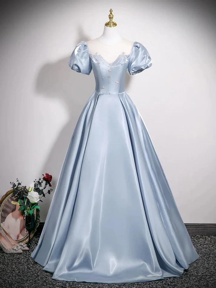 A-Line Round Puff Sleeves Satin Blue Long Prom Dress With Rhinestones