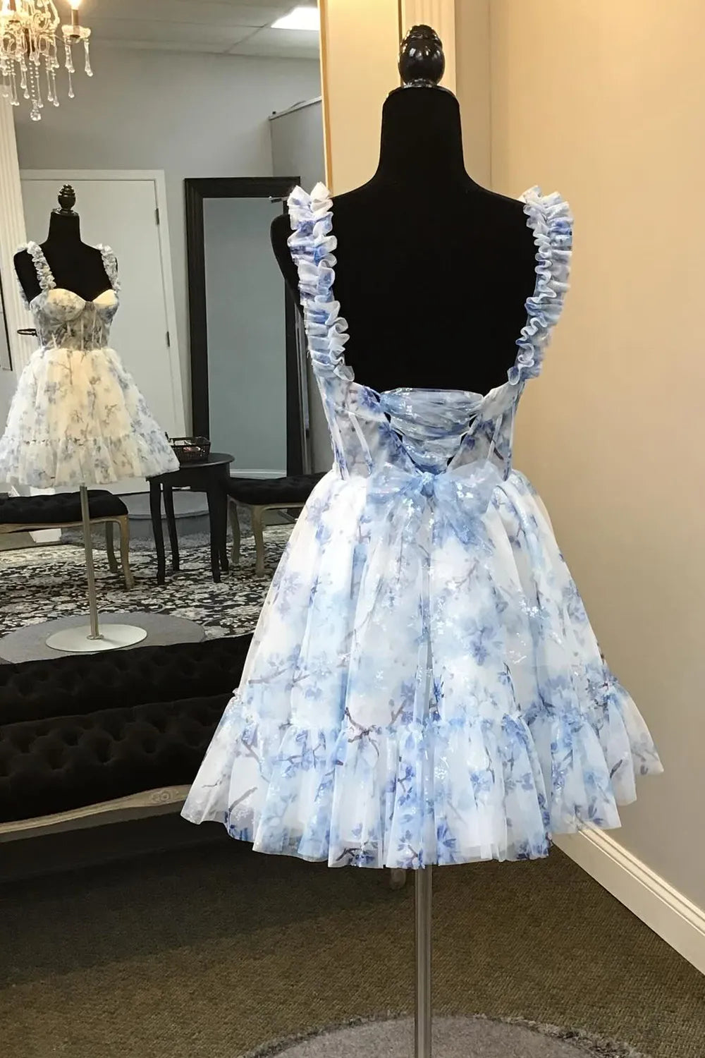 Blue Floral Printed Spaghetti Straps A-Line Short Corset Homecoming Dress Prom Dress In Store