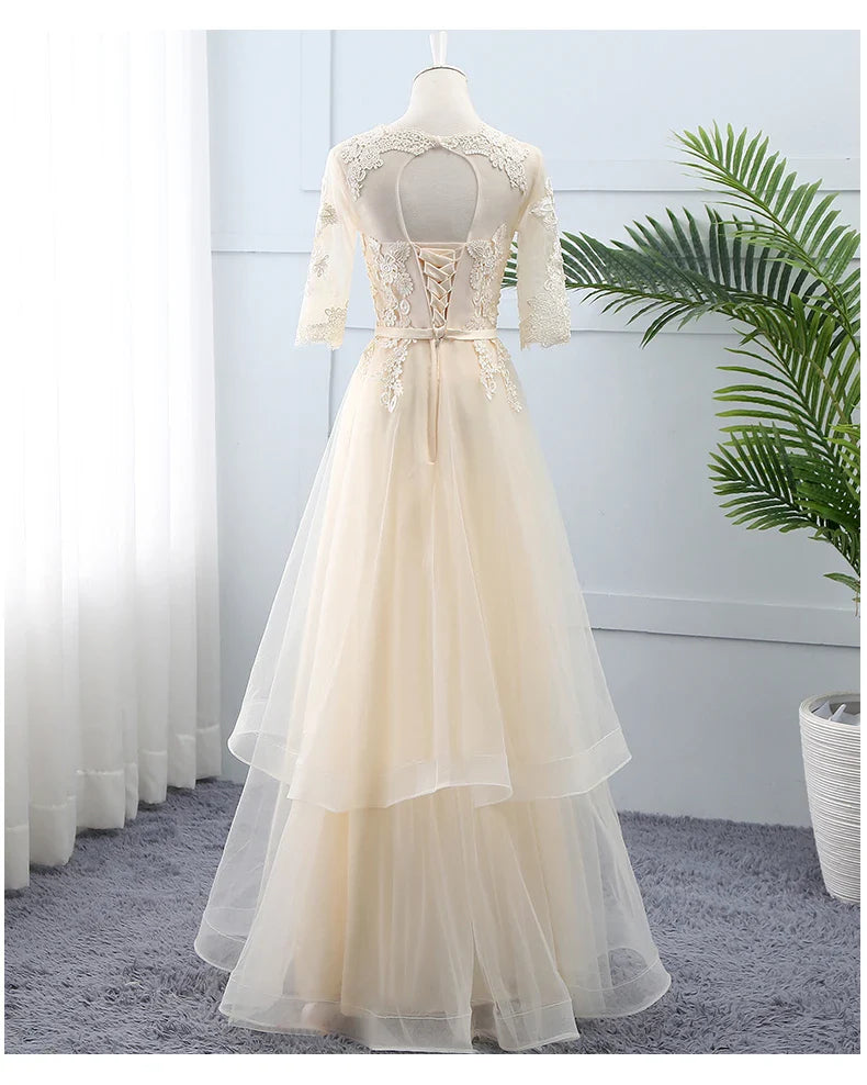 A-Line Short Sleeves Applique Lace Tulle Light Champagne Long Prom Dress