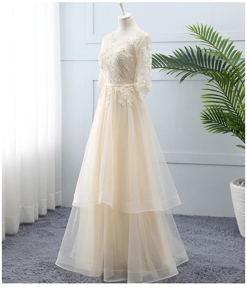 A-Line Short Sleeves Applique Lace Tulle Light Champagne Long Prom Dress
