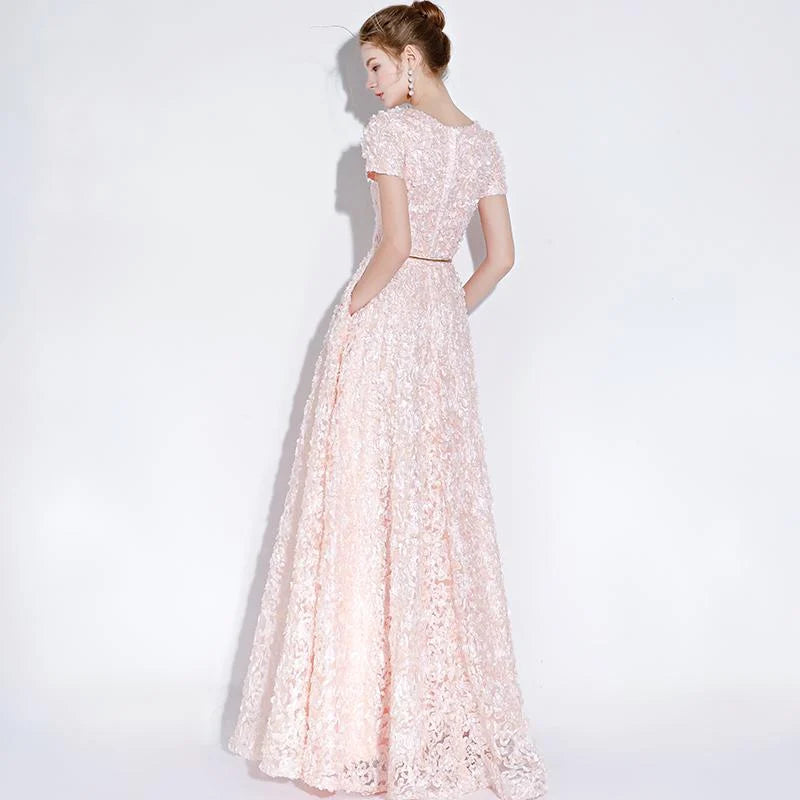 A-Line Short Sleeves Lace Pink Long Party Dress Prom Dress With Pockets