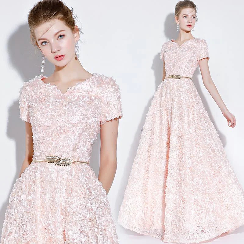 A-Line Short Sleeves Lace Pink Long Party Dress Prom Dress With Pockets