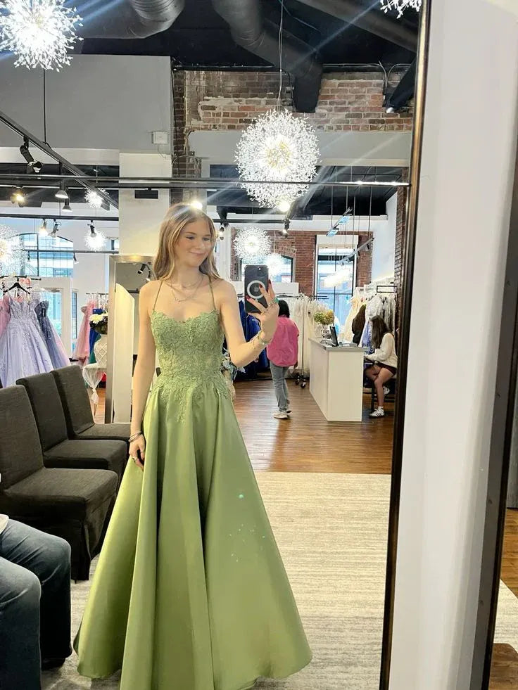 A-Line Spaghetti Strap Applique Backless Satin Sage Train Prom Dress