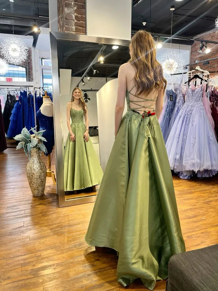 A-Line Spaghetti Strap Applique Backless Satin Sage Train Prom Dress