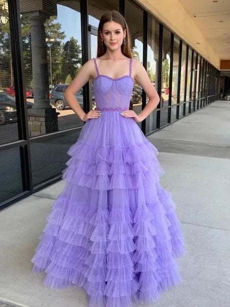 A-Line Spaghetti Strap Beaded Ruffle Layered Tulle Black Maxi Prom Dress