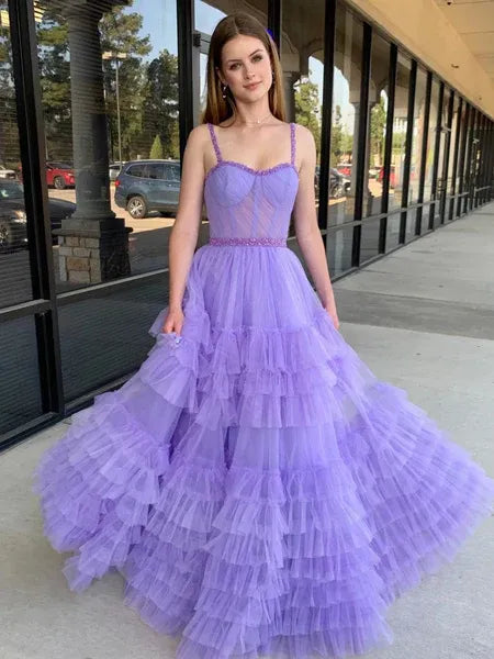 A-Line Spaghetti Strap Beaded Ruffle Layered Tulle Black Maxi Prom Dress