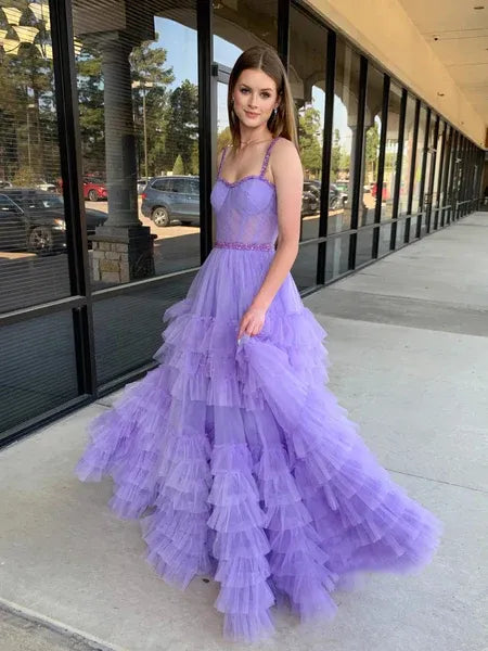 A-Line Spaghetti Strap Beaded Ruffle Layered Tulle Black Maxi Prom Dress