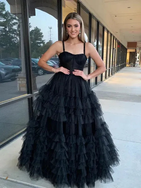 A-Line Spaghetti Strap Beaded Ruffle Layered Tulle Black Maxi Prom Dress