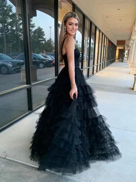 A-Line Spaghetti Strap Beaded Ruffle Layered Tulle Black Maxi Prom Dress