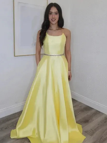 A-Line Spaghetti Strap Beaded Satin Yellow Long Prom Dress Hot Sale