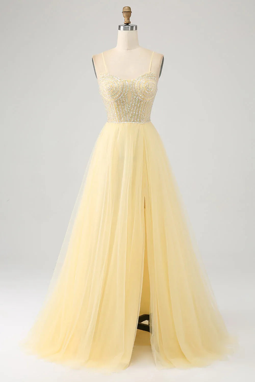 A-Line Spaghetti Strap Beaded Tulle Yellow Floor Length Prom Dress For Sale