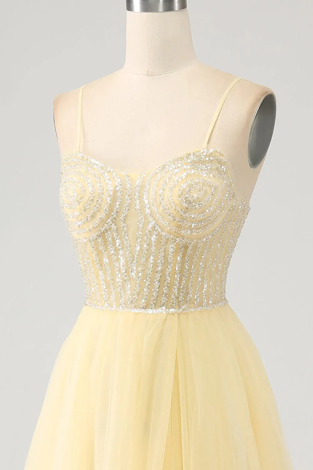A-Line Spaghetti Strap Beaded Tulle Yellow Floor Length Prom Dress For Sale