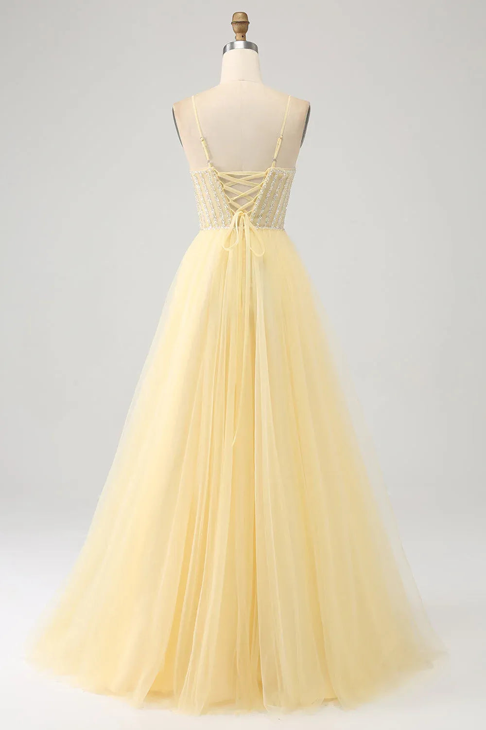 A-Line Spaghetti Strap Beaded Tulle Yellow Floor Length Prom Dress For Sale