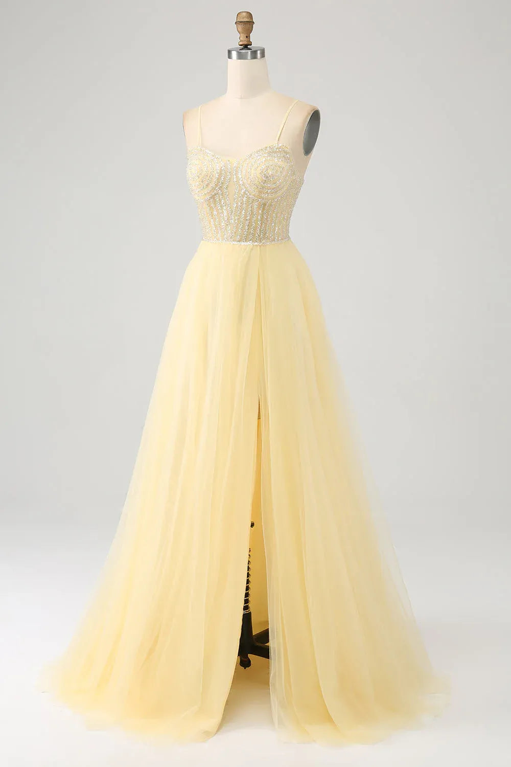 A-Line Spaghetti Strap Beaded Tulle Yellow Floor Length Prom Dress For Sale