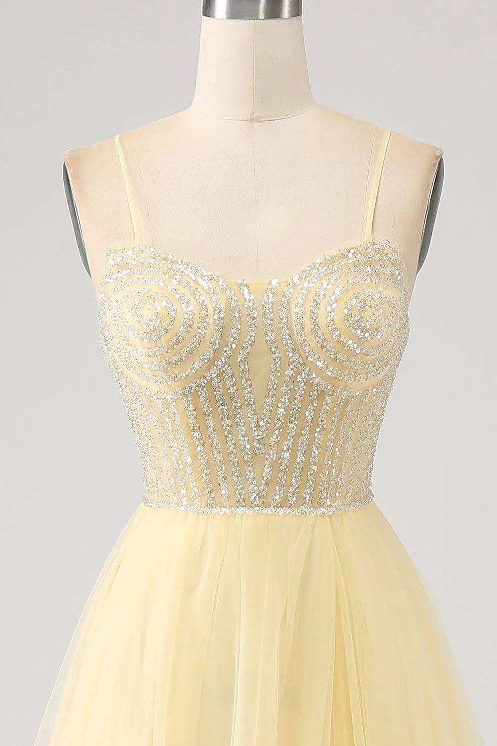 A-Line Spaghetti Strap Beaded Tulle Yellow Floor Length Prom Dress For Sale