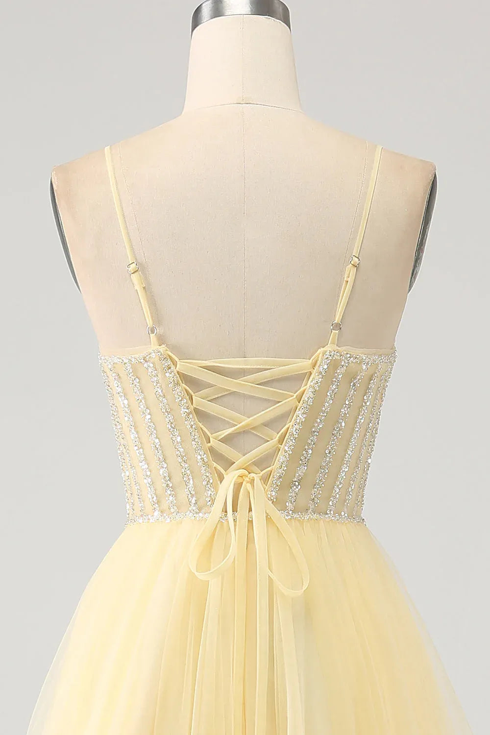 A-Line Spaghetti Strap Beaded Tulle Yellow Floor Length Prom Dress For Sale