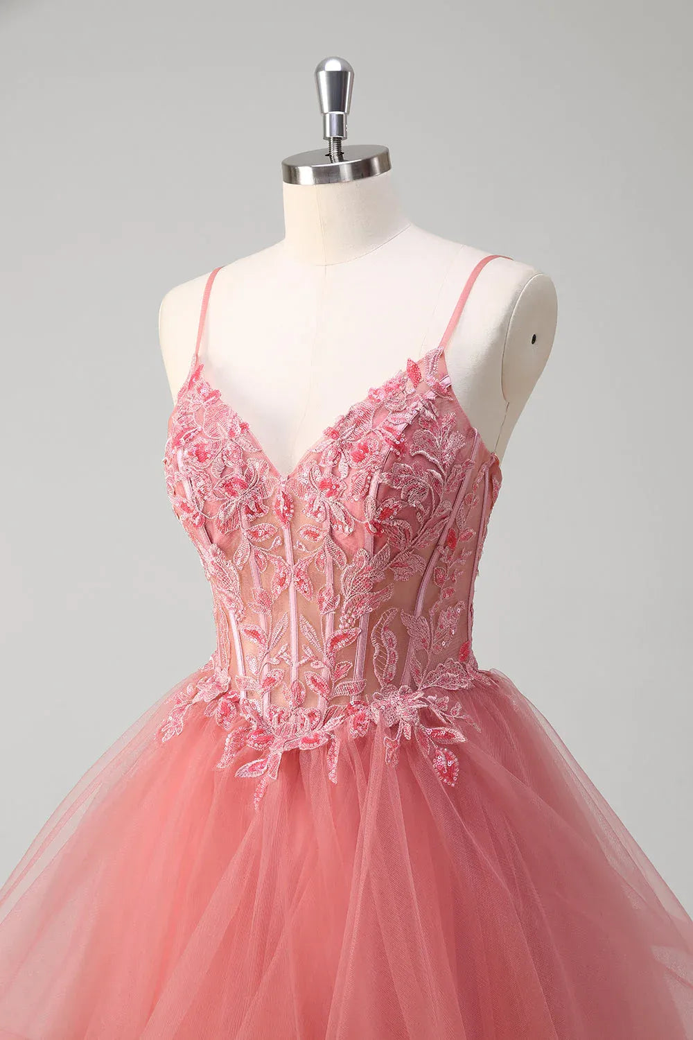 A-Line Spaghetti Strap Corset Applique Layers Ruffles Dusty Rose Train Prom Dress