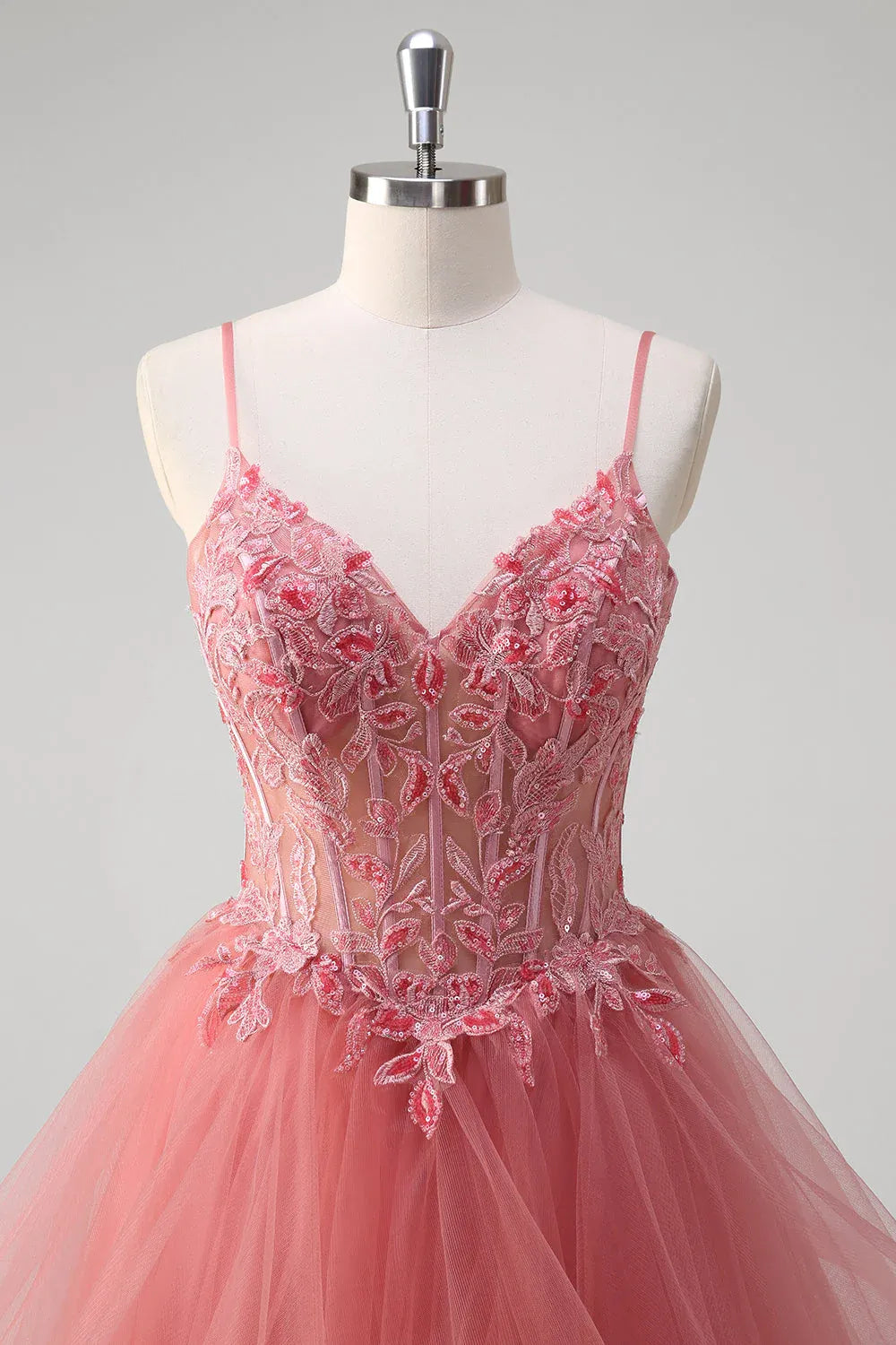 A-Line Spaghetti Strap Corset Applique Layers Ruffles Dusty Rose Train Prom Dress