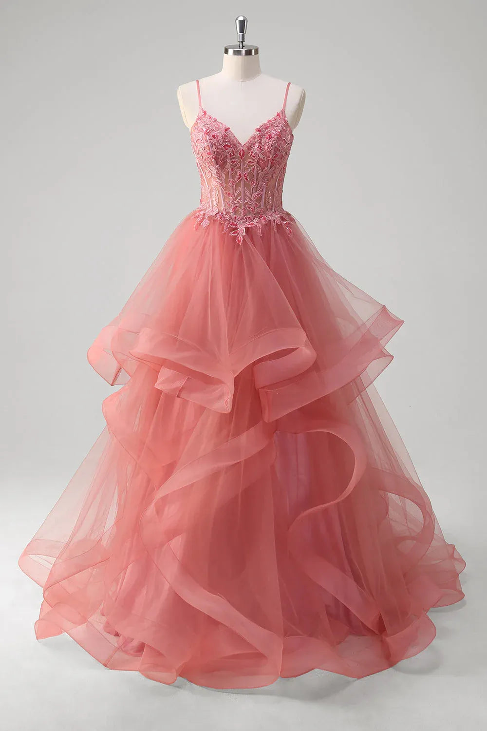 A-Line Spaghetti Strap Corset Applique Layers Ruffles Dusty Rose Train Prom Dress