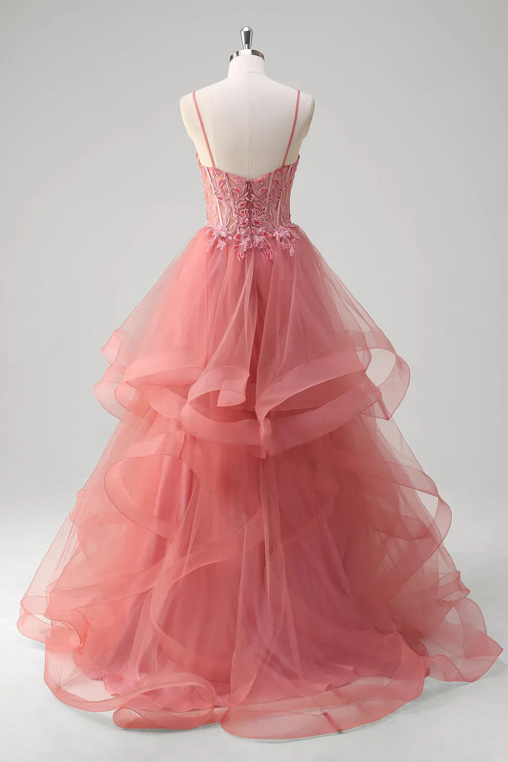 A-Line Spaghetti Strap Corset Applique Layers Ruffles Dusty Rose Train Prom Dress