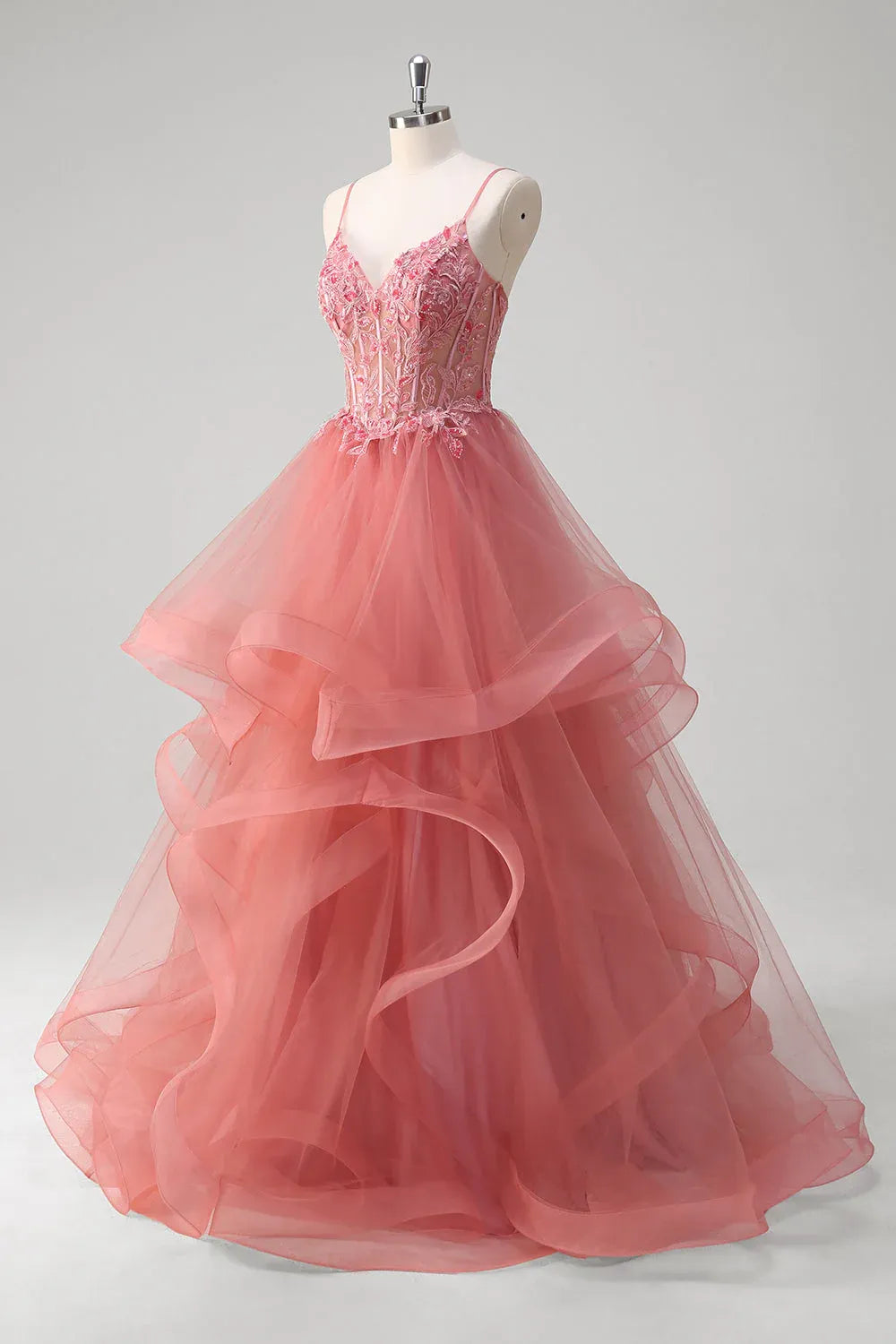 A-Line Spaghetti Strap Corset Applique Layers Ruffles Dusty Rose Train Prom Dress