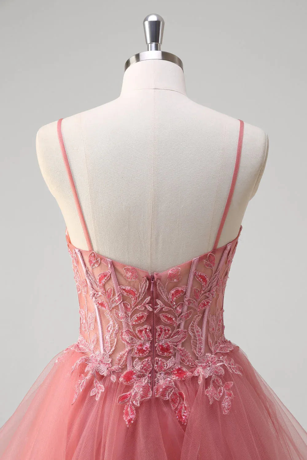 A-Line Spaghetti Strap Corset Applique Layers Ruffles Dusty Rose Train Prom Dress