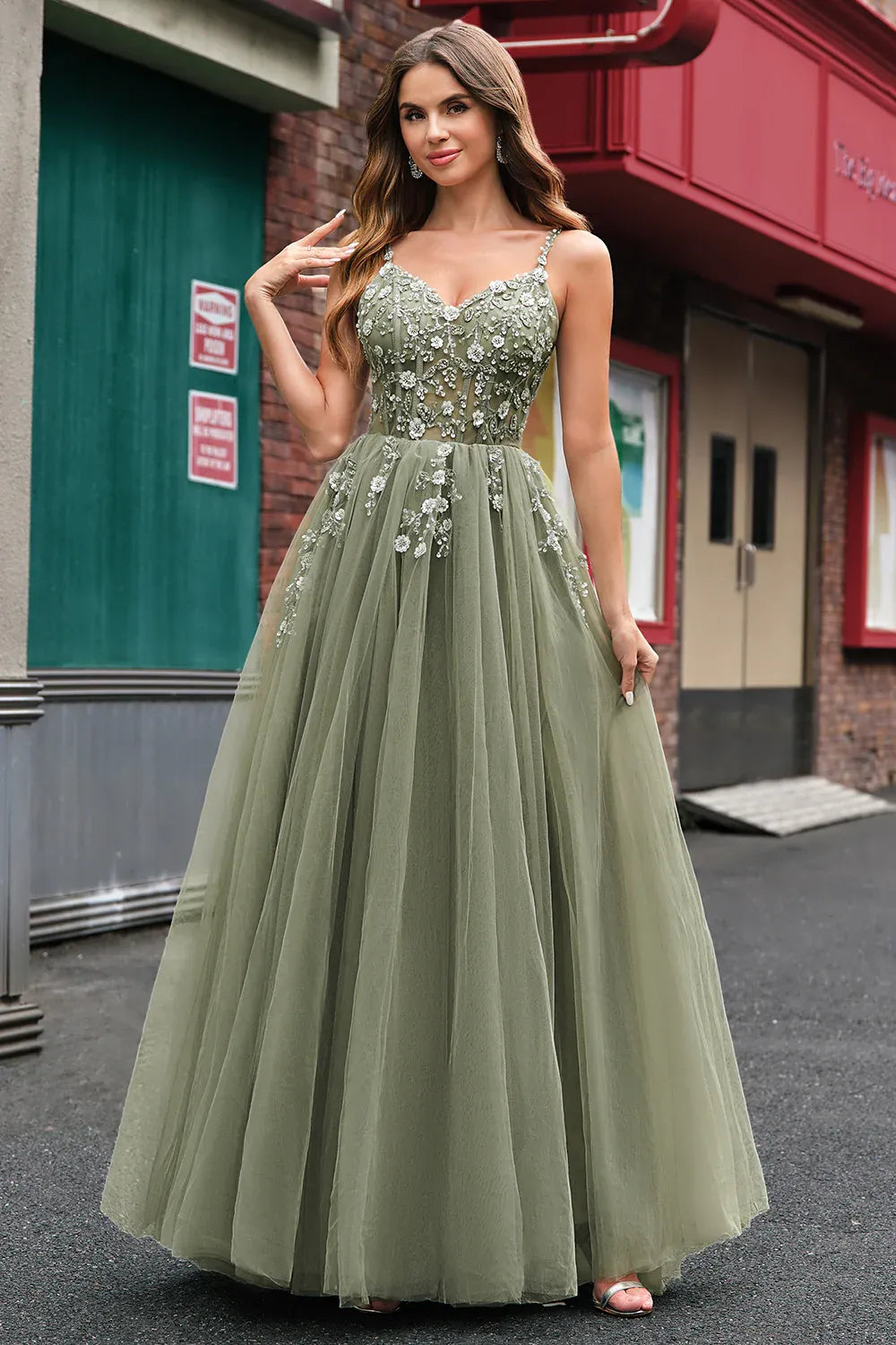 A-Line Spaghetti Strap Corset Floral Applique Tulle Sage Green Maxi Prom Dress