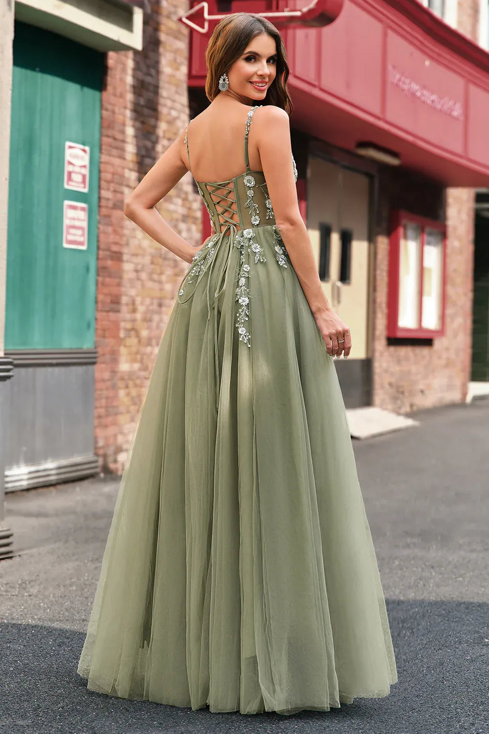 A-Line Spaghetti Strap Corset Floral Applique Tulle Sage Green Maxi Prom Dress