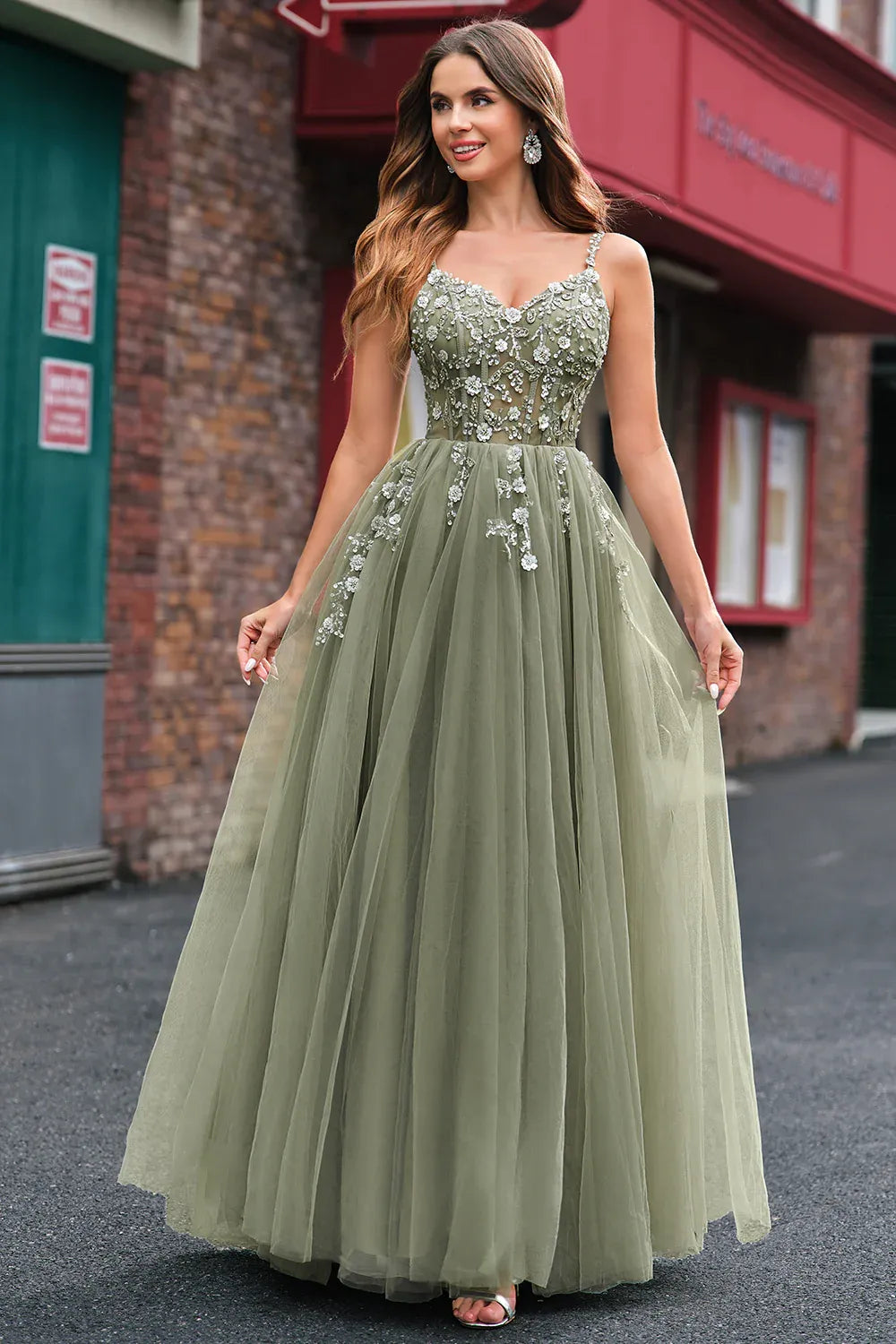 A-Line Spaghetti Strap Corset Floral Applique Tulle Sage Green Maxi Prom Dress