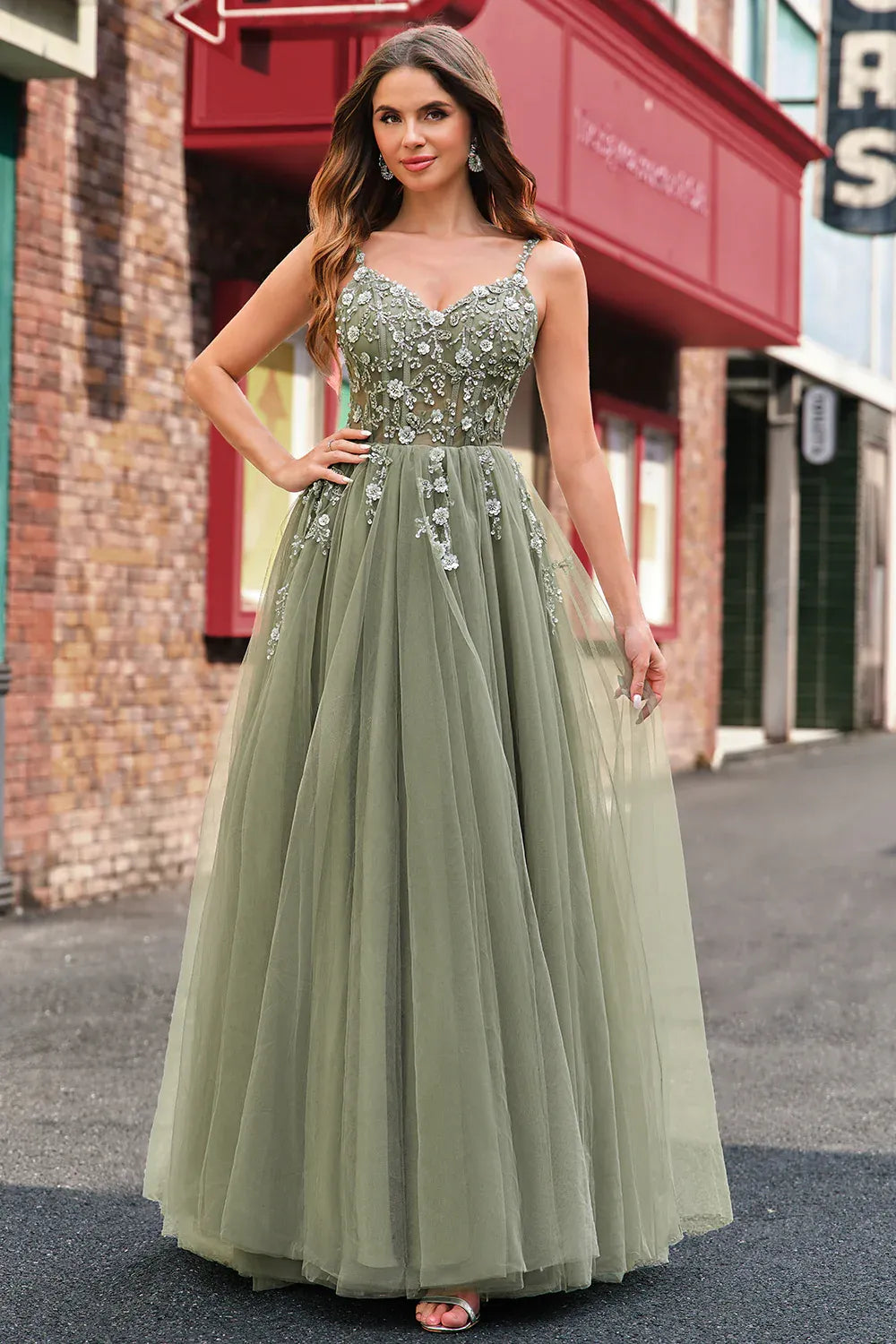 A-Line Spaghetti Strap Corset Floral Applique Tulle Sage Green Maxi Prom Dress
