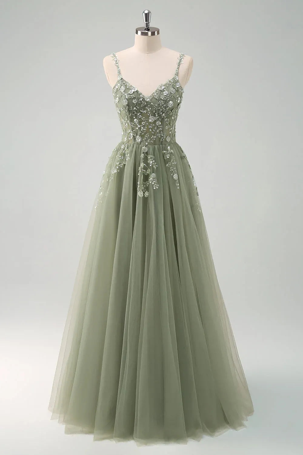 A-Line Spaghetti Strap Corset Floral Applique Tulle Sage Green Maxi Prom Dress