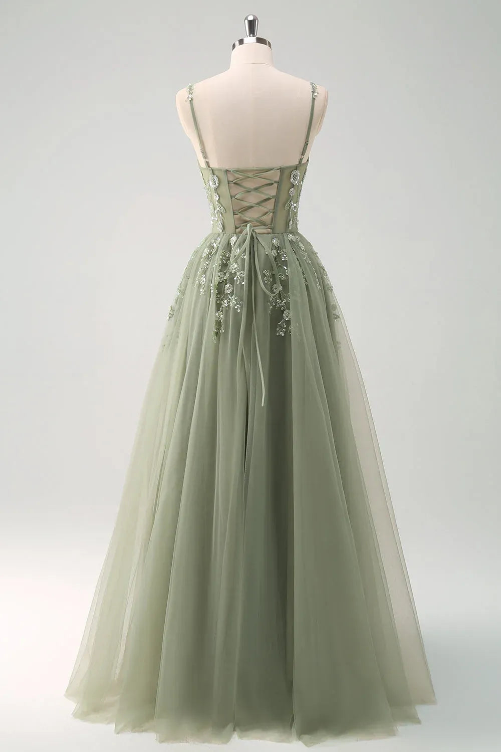 A-Line Spaghetti Strap Corset Floral Applique Tulle Sage Green Maxi Prom Dress