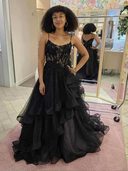 A-Line Spaghetti Strap Corset Lace Applique Ruffle Tulle Black Long Prom Dress