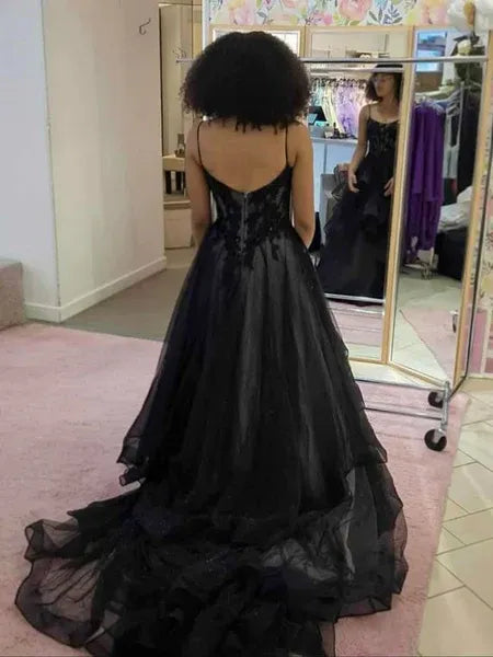 A-Line Spaghetti Strap Corset Lace Applique Ruffle Tulle Black Long Prom Dress