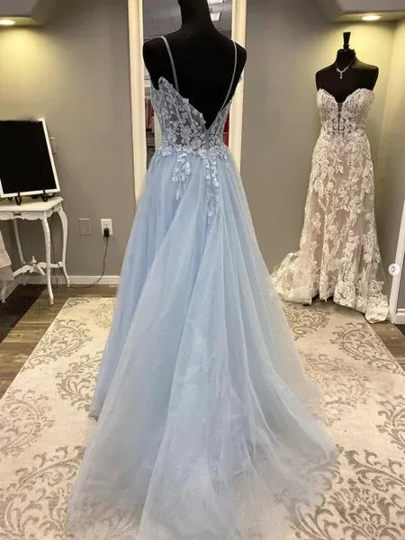 A-Line Spaghetti Strap Corset Lace Applique Tulle Light Blue Long Prom Dress