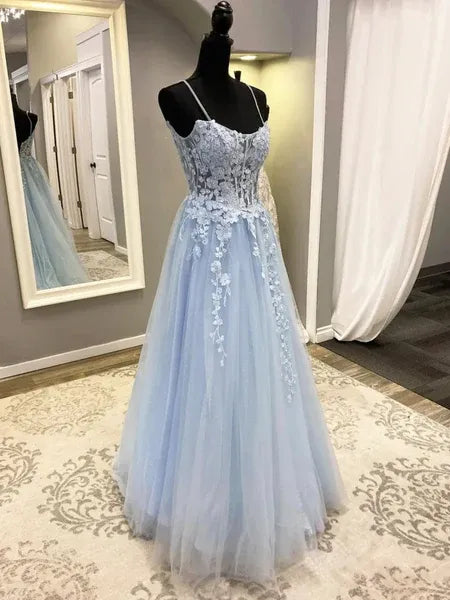 A-Line Spaghetti Strap Corset Lace Applique Tulle Light Blue Long Prom Dress