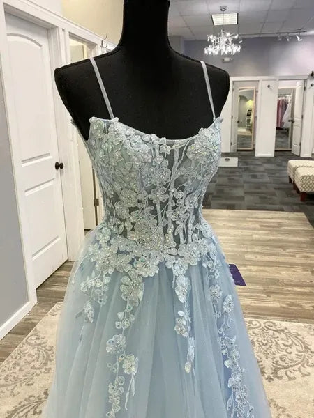 A-Line Spaghetti Strap Corset Lace Applique Tulle Light Blue Long Prom Dress