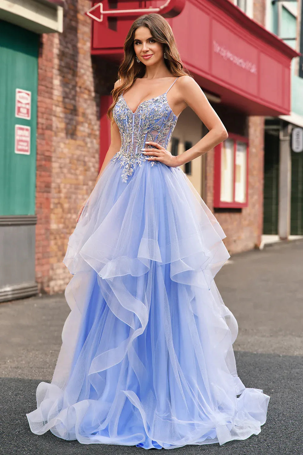 A-Line Spaghetti Strap Corset Sequin Applique Ruffle Sky Blue Train Prom Dress