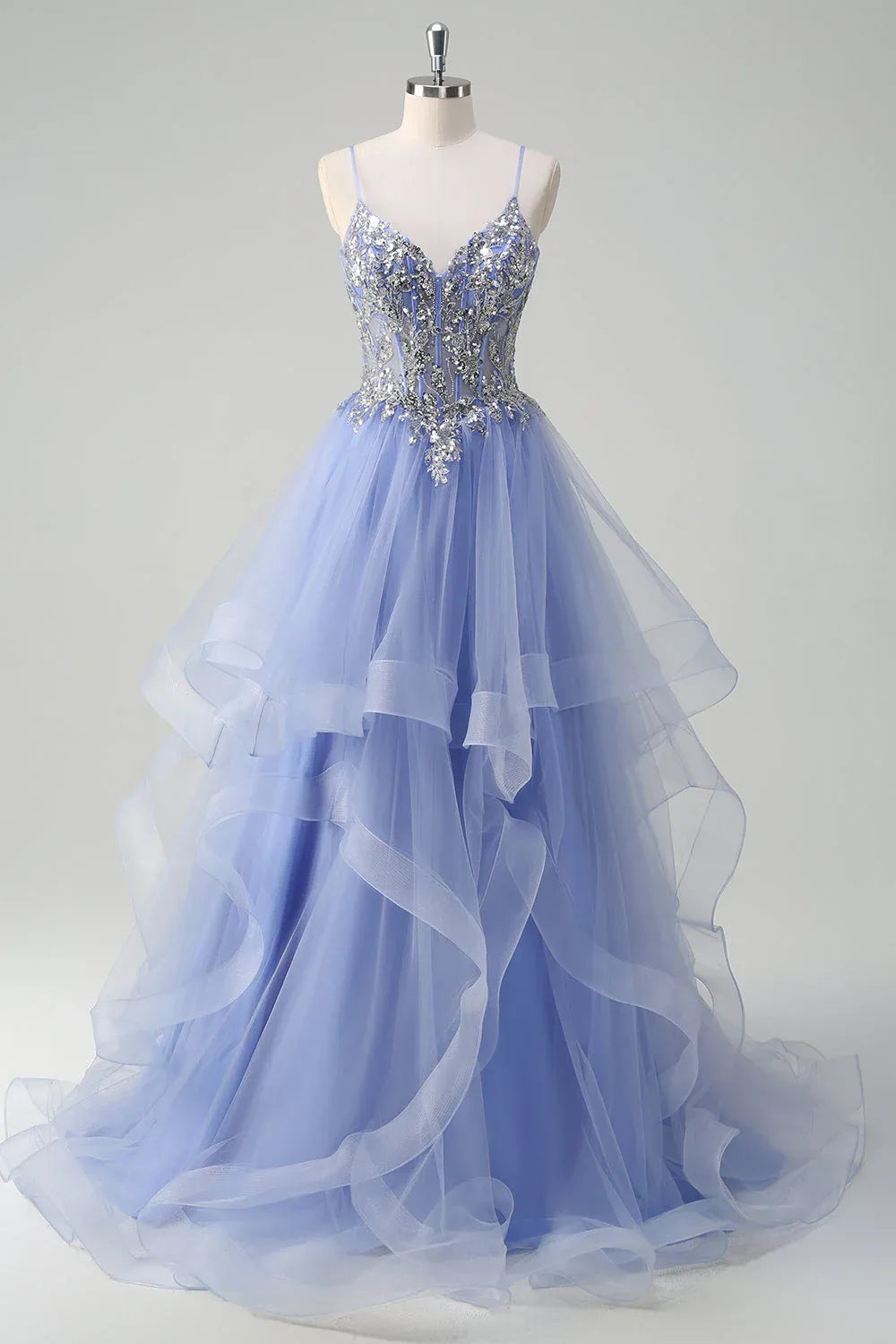 A-Line Spaghetti Strap Corset Sequin Applique Ruffle Sky Blue Train Prom Dress