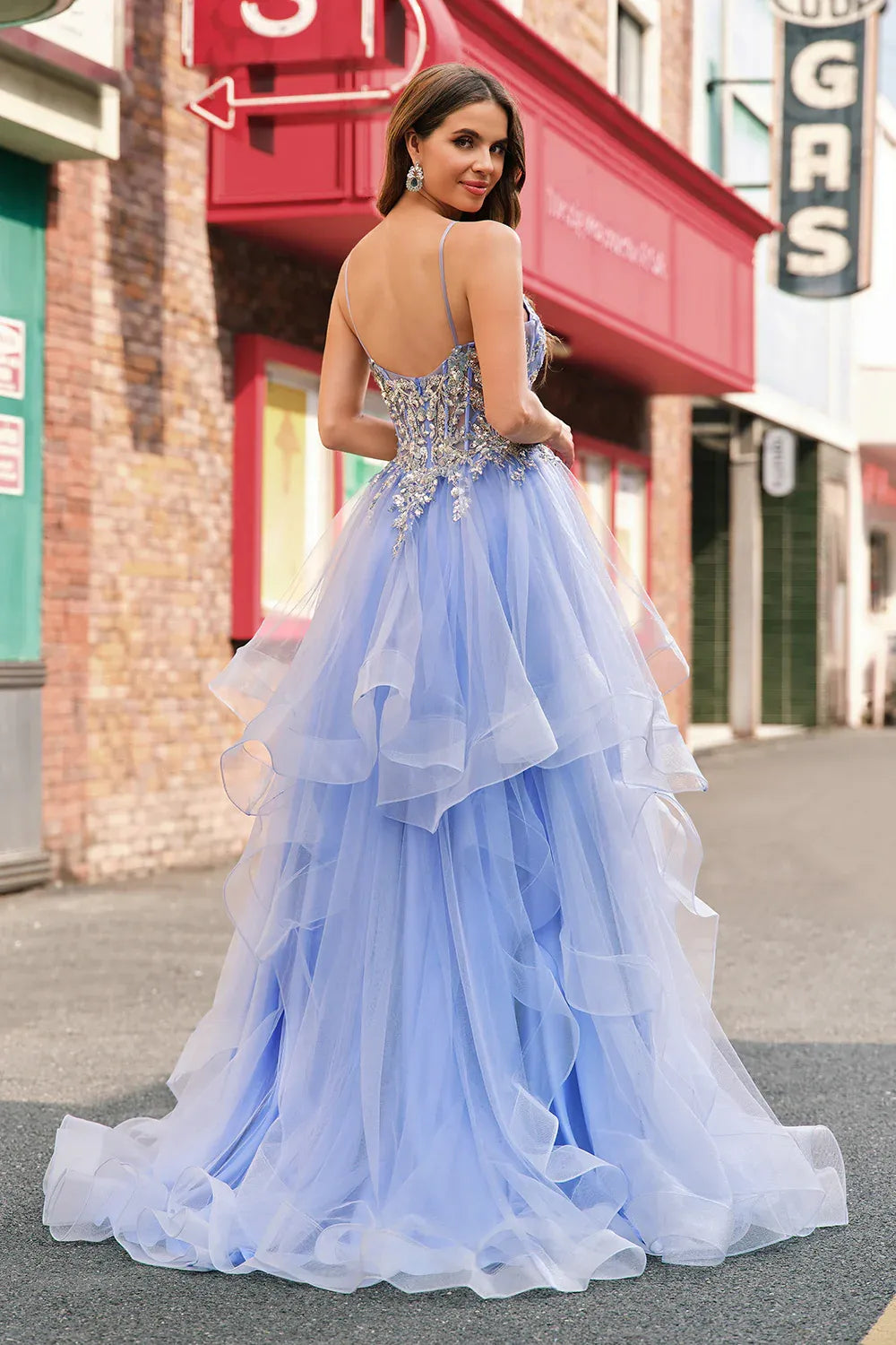 A-Line Spaghetti Strap Corset Sequin Applique Ruffle Sky Blue Train Prom Dress
