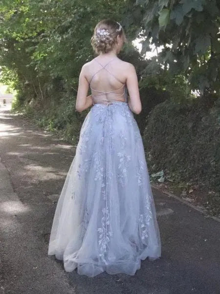 A-Line Spaghetti Strap Lace Applique Tulle Dusty Blue Long Prom Dress