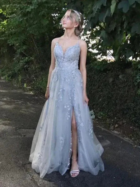 A-Line Spaghetti Strap Lace Applique Tulle Dusty Blue Long Prom Dress