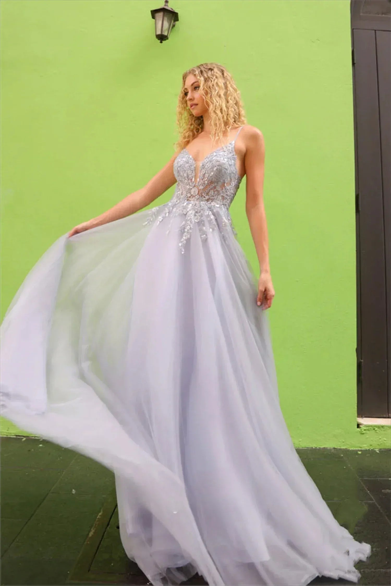 A-Line Spaghetti Strap Lace Appliques Organza Sky Blue Floor-Length Prom Dress