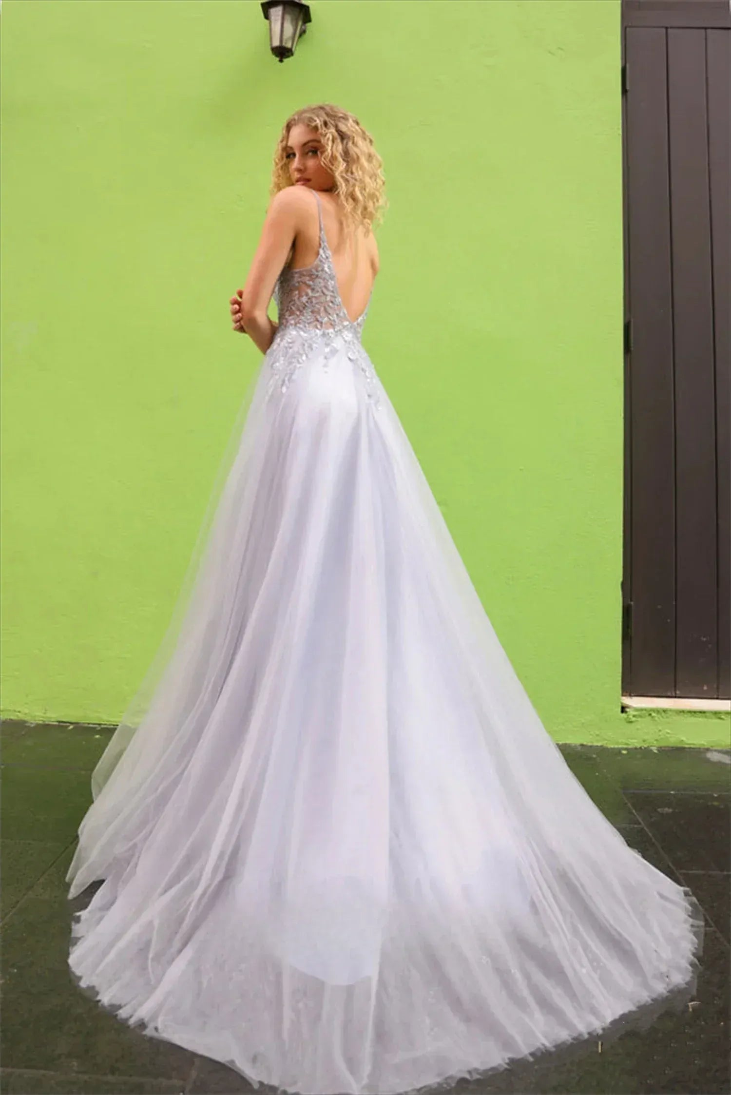 A-Line Spaghetti Strap Lace Appliques Organza Sky Blue Floor-Length Prom Dress
