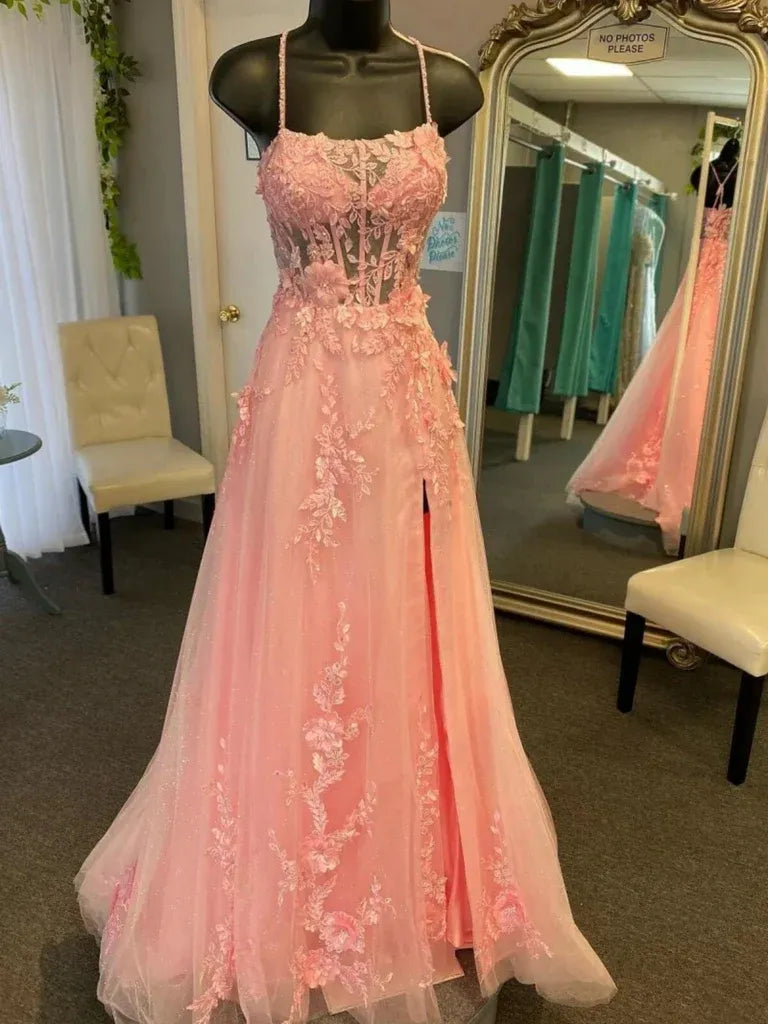 A-Line Spaghetti Strap Lace Appliques Tulle Pink Long Prom Dress With Slit