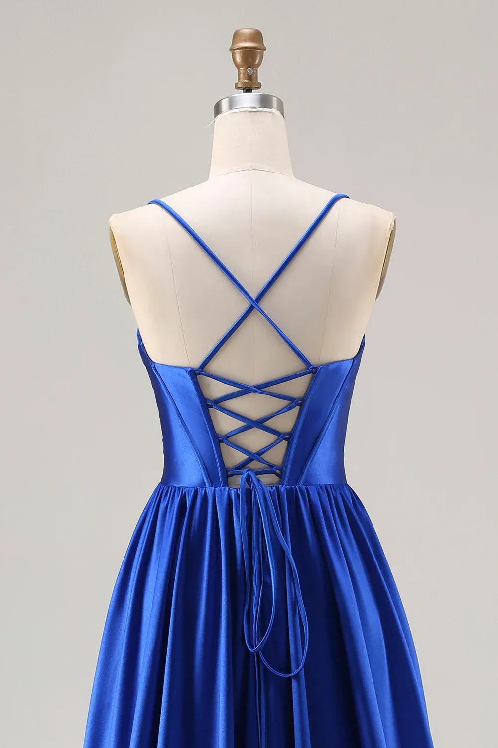 A-Line Spaghetti Strap Ruched Sequin Satin Royal Blue Maxi Prom Dress