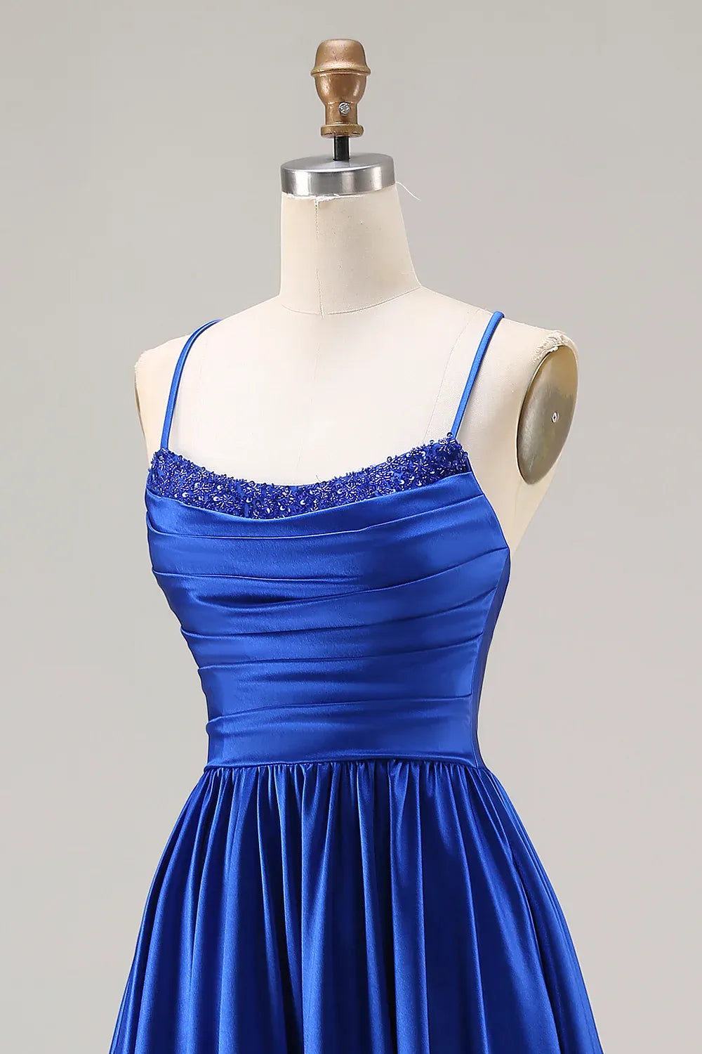A-Line Spaghetti Strap Ruched Sequin Satin Royal Blue Maxi Prom Dress