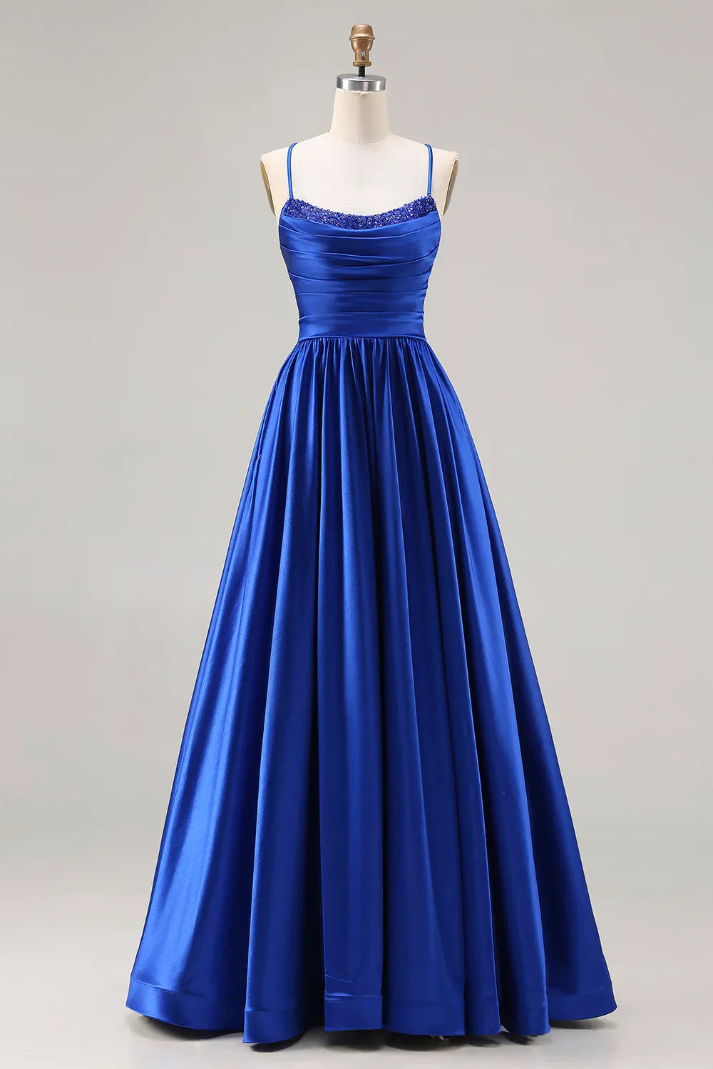 A-Line Spaghetti Strap Ruched Sequin Satin Royal Blue Maxi Prom Dress