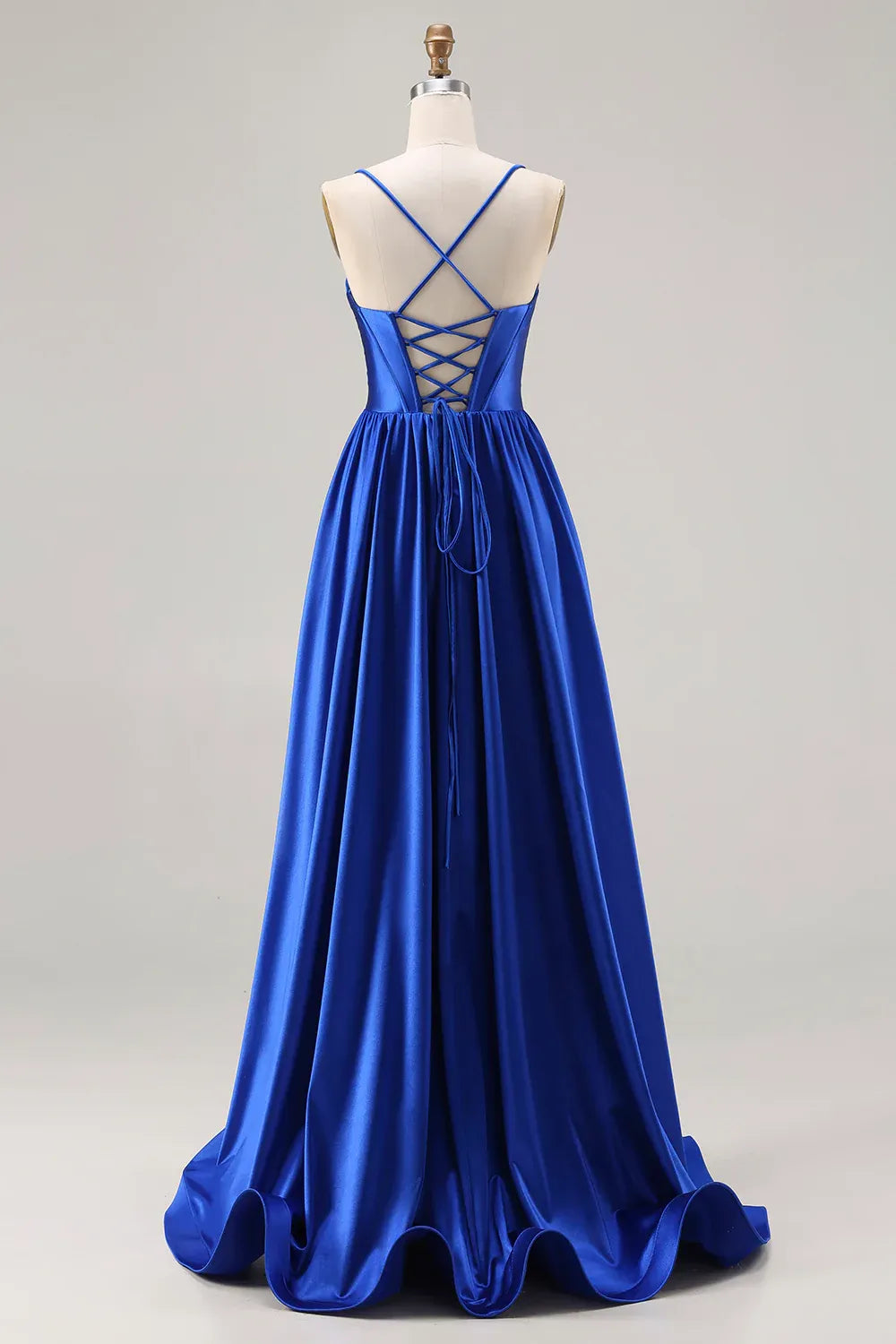 A-Line Spaghetti Strap Ruched Sequin Satin Royal Blue Maxi Prom Dress